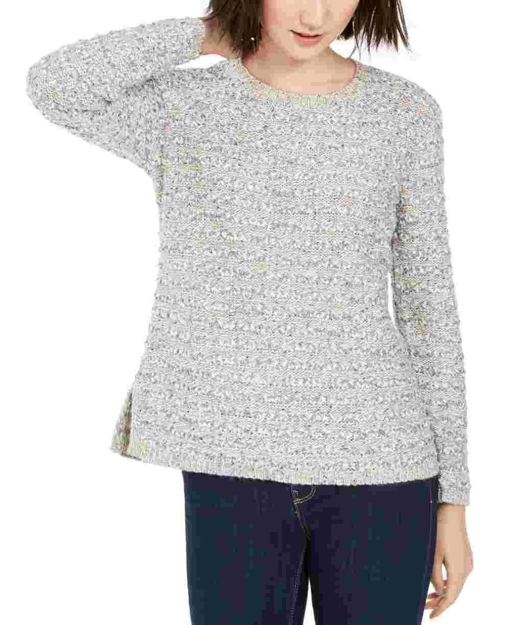 Suéter texturizado de manga comprida com gola joia feminino Style &amp; Co, cinza, tamanho PL