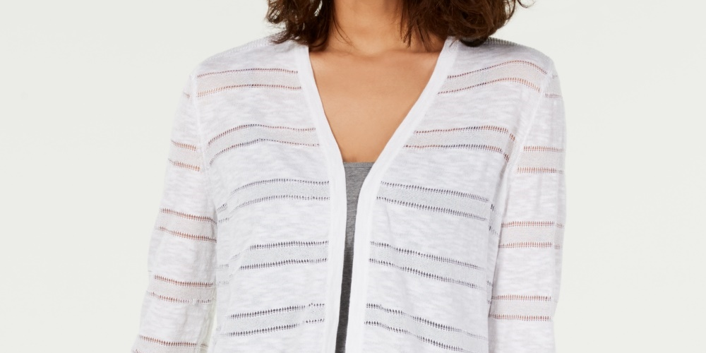 Cardigan listrado Pointelle feminino Charter Club, branco, tamanho extragrande