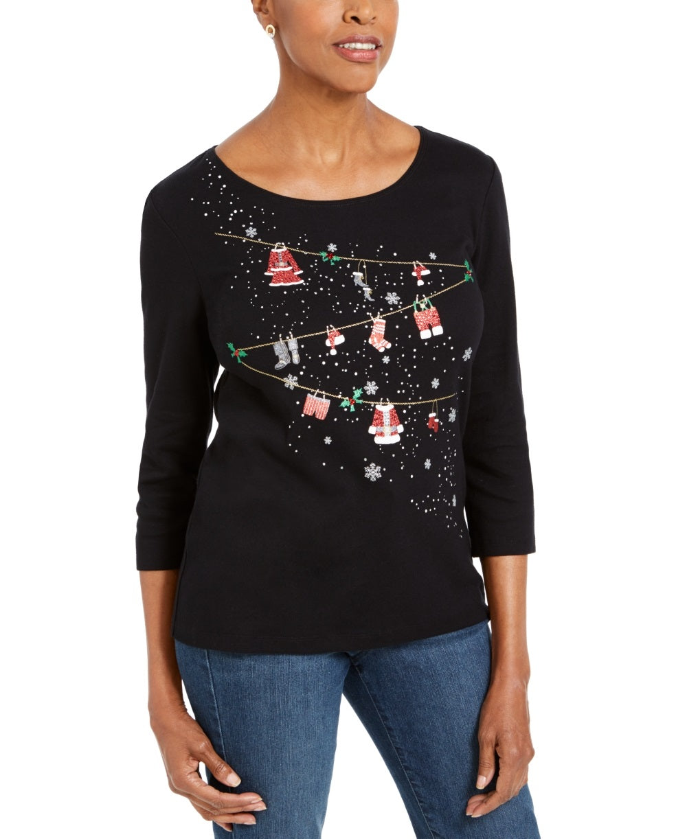 Karen Scott Top de algodão com detalhes femininos, preto, tamanho pequeno e pequeno