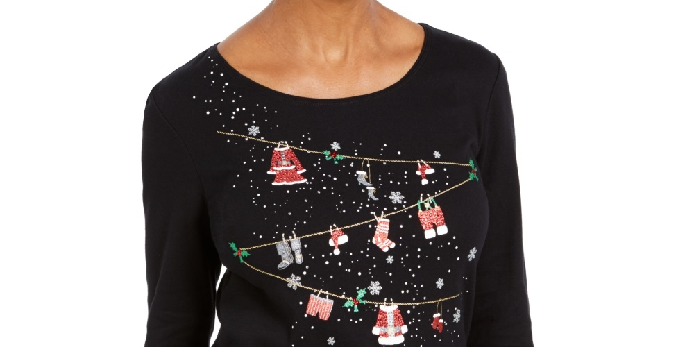 Karen Scott Top de algodão com detalhes femininos, preto, tamanho pequeno e pequeno