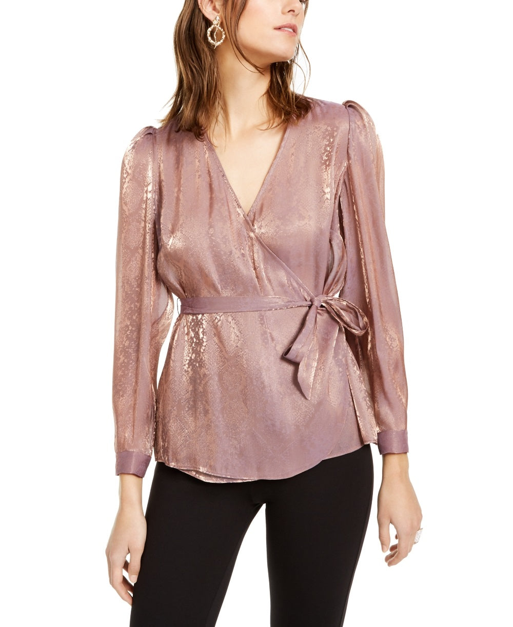 Blusa envolvente feminina com estampa de cobra metálica da INC International Concepts, rosa, tamanho M