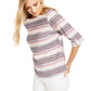 Charter Club Blusa feminina listrada, gola canoa, mistura de linho, azul, tamanho pequeno