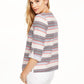 Charter Club Blusa feminina listrada, gola canoa, mistura de linho, azul, tamanho pequeno