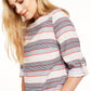 Charter Club Blusa feminina listrada, gola canoa, mistura de linho, azul, tamanho pequeno