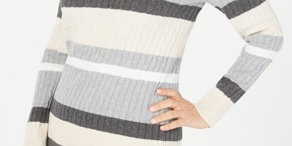 Karen Scott Suéter Feminino Listrado de Algodão em Tricô com Cabo Bege Tamanho M