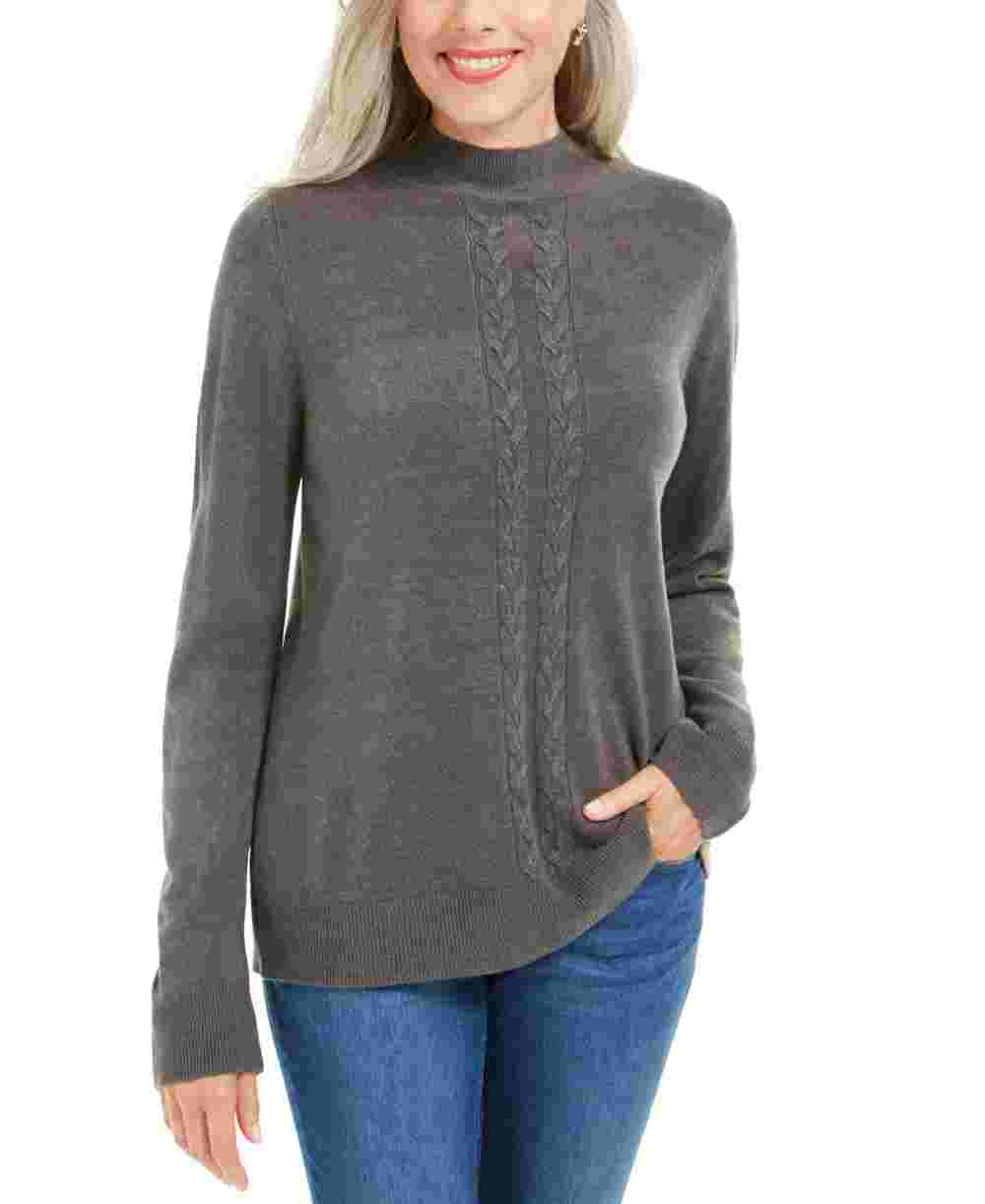 Blusa feminina Karen Scott cinza estampada, manga comprida, gola redonda, suéter, carvão, PS