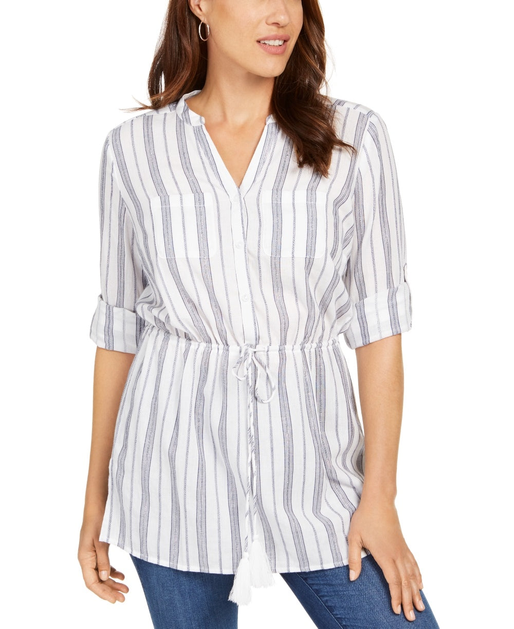Charter Club Blusa feminina listrada de algodão com amarração na cintura, tamanho grande, branca