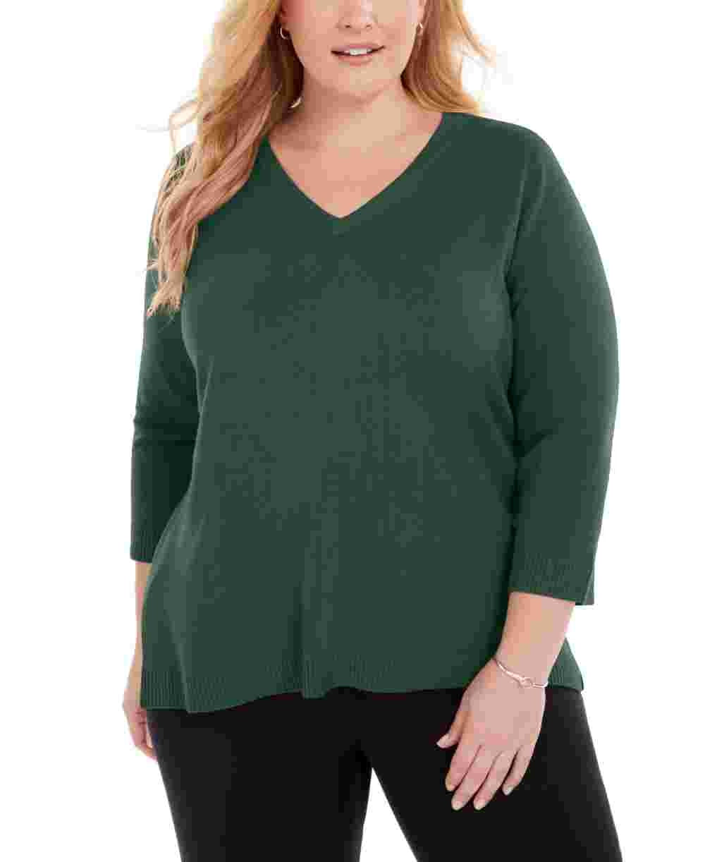 Karen Scott Suéter Luxsoft Plus Size com Decote em V, Verde, Tamanho 2X