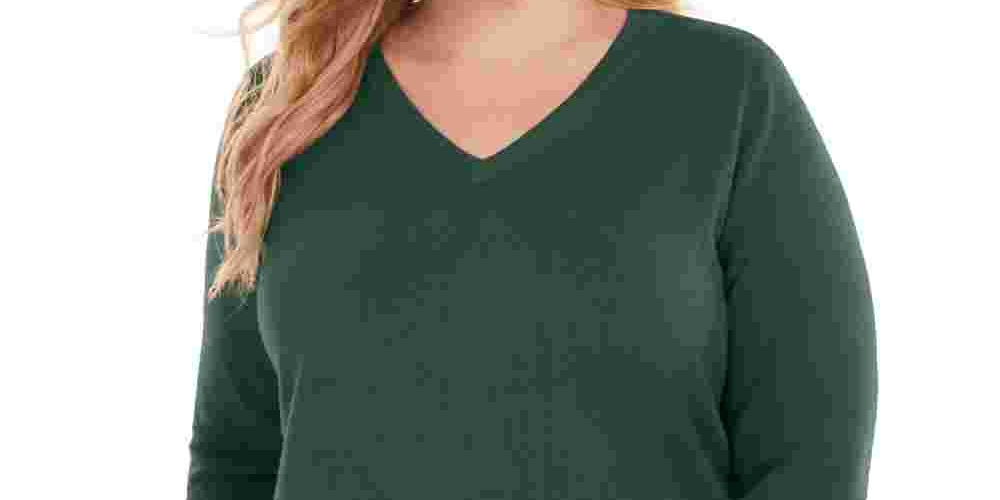 Karen Scott Suéter Luxsoft Plus Size com Decote em V, Verde, Tamanho 2X
