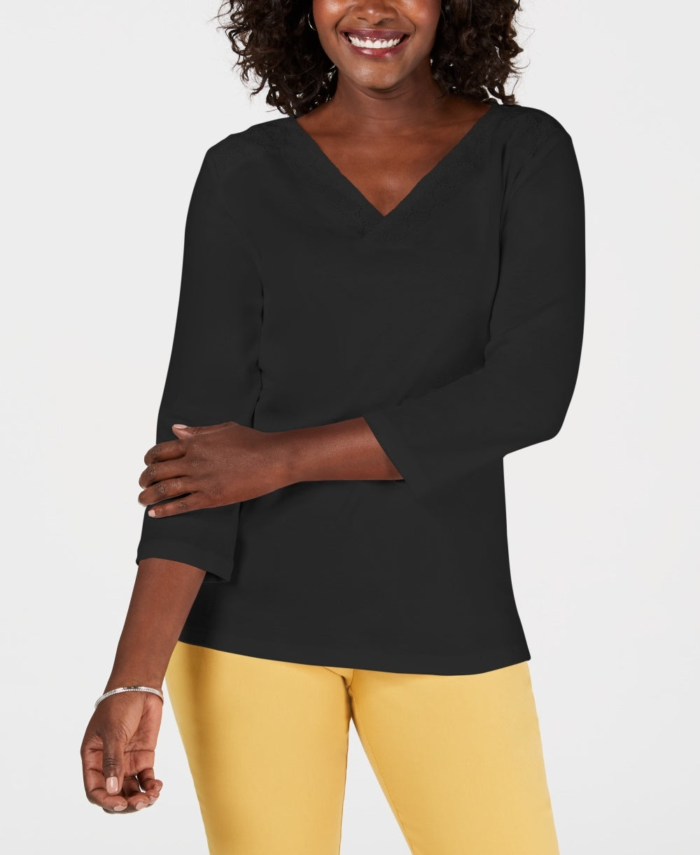 Karen Scott Top Feminino de Algodão com Decote em V e Ilhós Pequenos, Preto PS