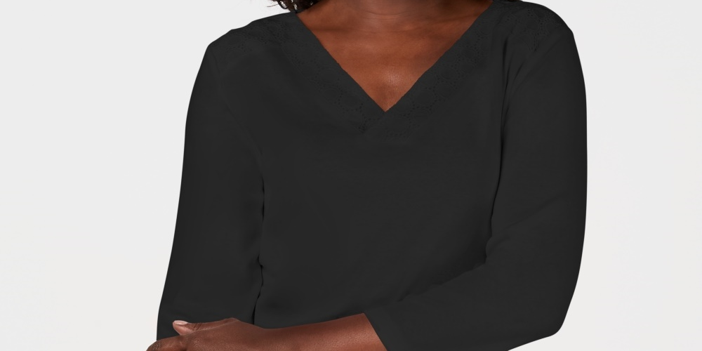 Karen Scott Top Feminino de Algodão com Decote em V e Ilhós Pequenos, Preto PS