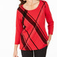 Karen Scott Top feminino com decote redondo e estampa petite, vermelho brilhante, tamanho petite extragrande