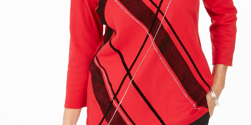 Karen Scott Top feminino com decote redondo e estampa petite, vermelho brilhante, tamanho petite extragrande