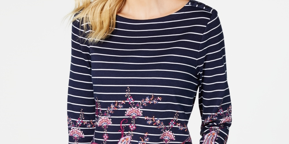 Blusa listrada com estampa paisley feminina Charter Club, azul, tamanho extragrande