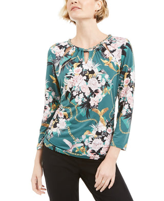 JM Collection Top feminino estampado com decote em corrente, tamanho pequeno, verde