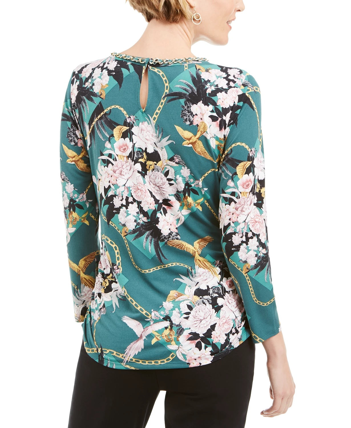 JM Collection Top feminino estampado com decote em corrente, tamanho pequeno, verde