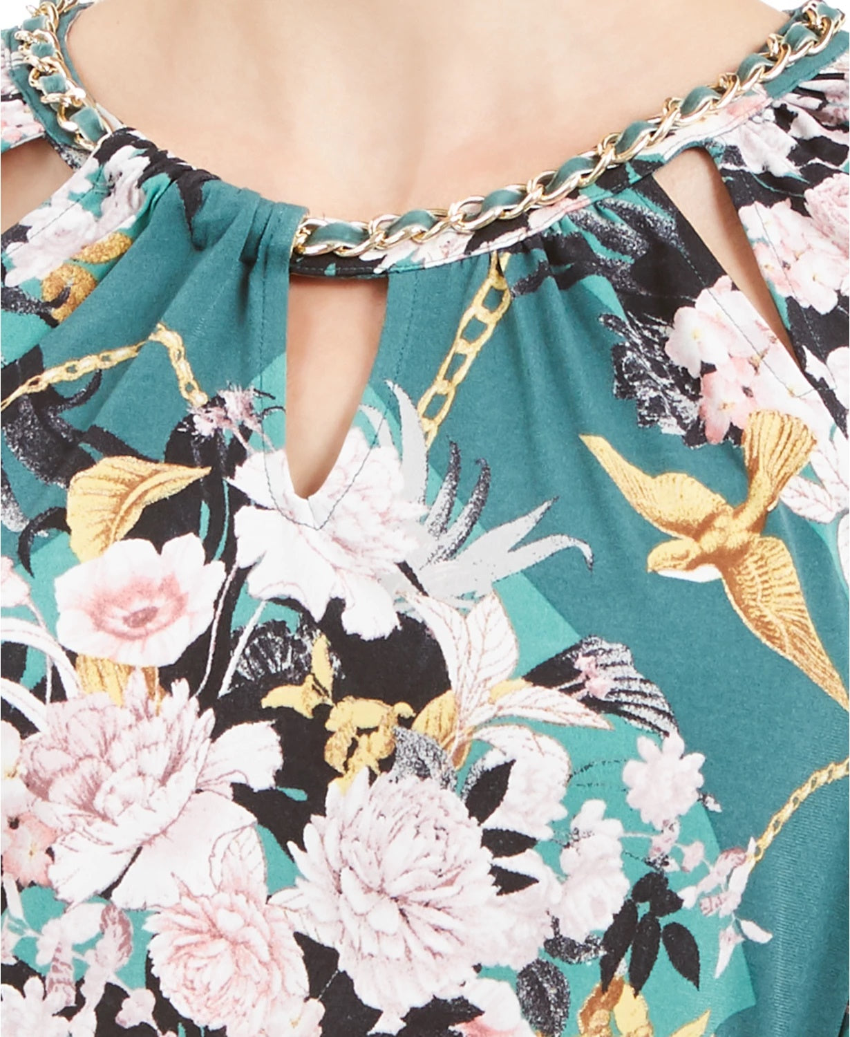 JM Collection Top feminino estampado com decote em corrente, tamanho pequeno, verde