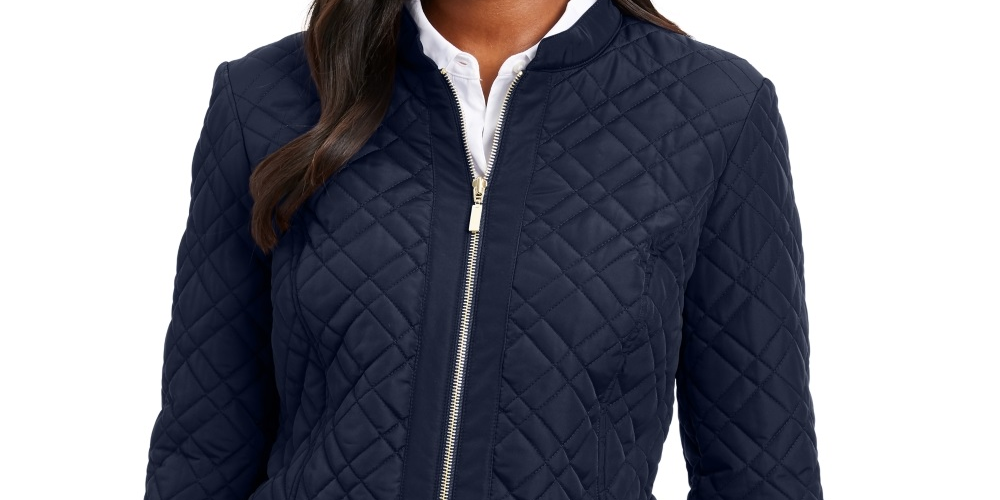 Jaqueta feminina acolchoada com gola mandarim Charter Club, azul, tamanho X-S