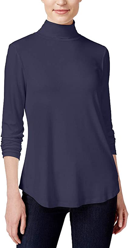 JM Collection Blusa feminina lisa de manga comprida e gola alta, azul, tamanho pequeno médio