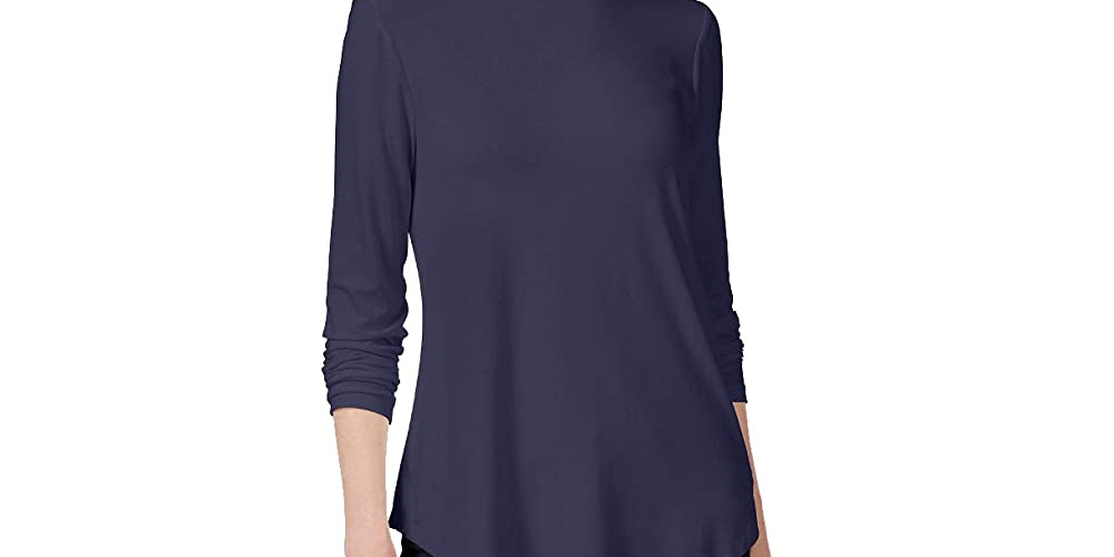 JM Collection Blusa feminina lisa de manga comprida e gola alta, azul, tamanho pequeno médio