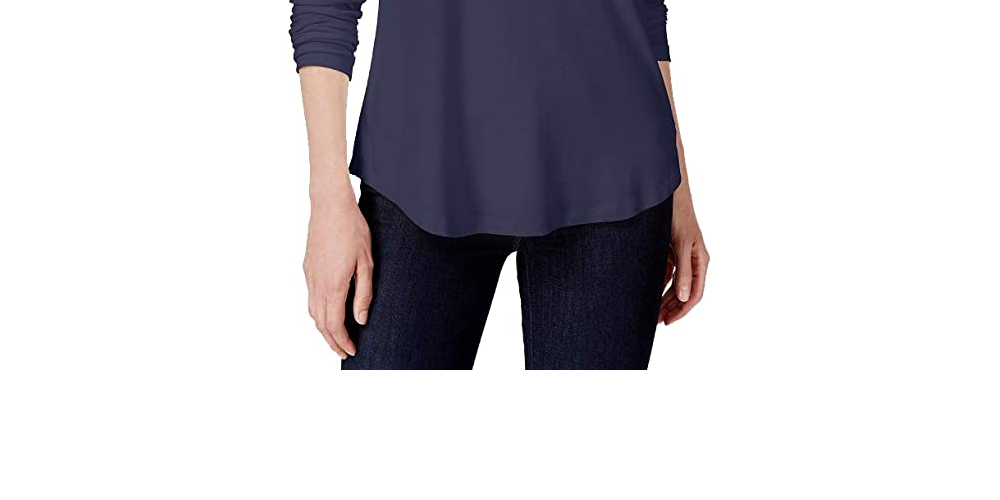 JM Collection Blusa feminina lisa de manga comprida e gola alta, azul, tamanho pequeno médio