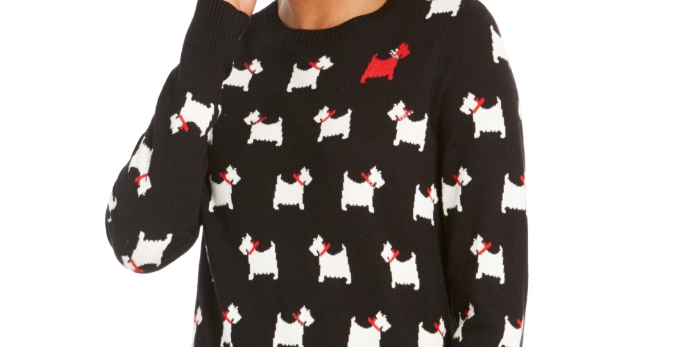 Suéter feminino Charter Club com estampa de cachorro e gola redonda, preto, tamanho extragrande