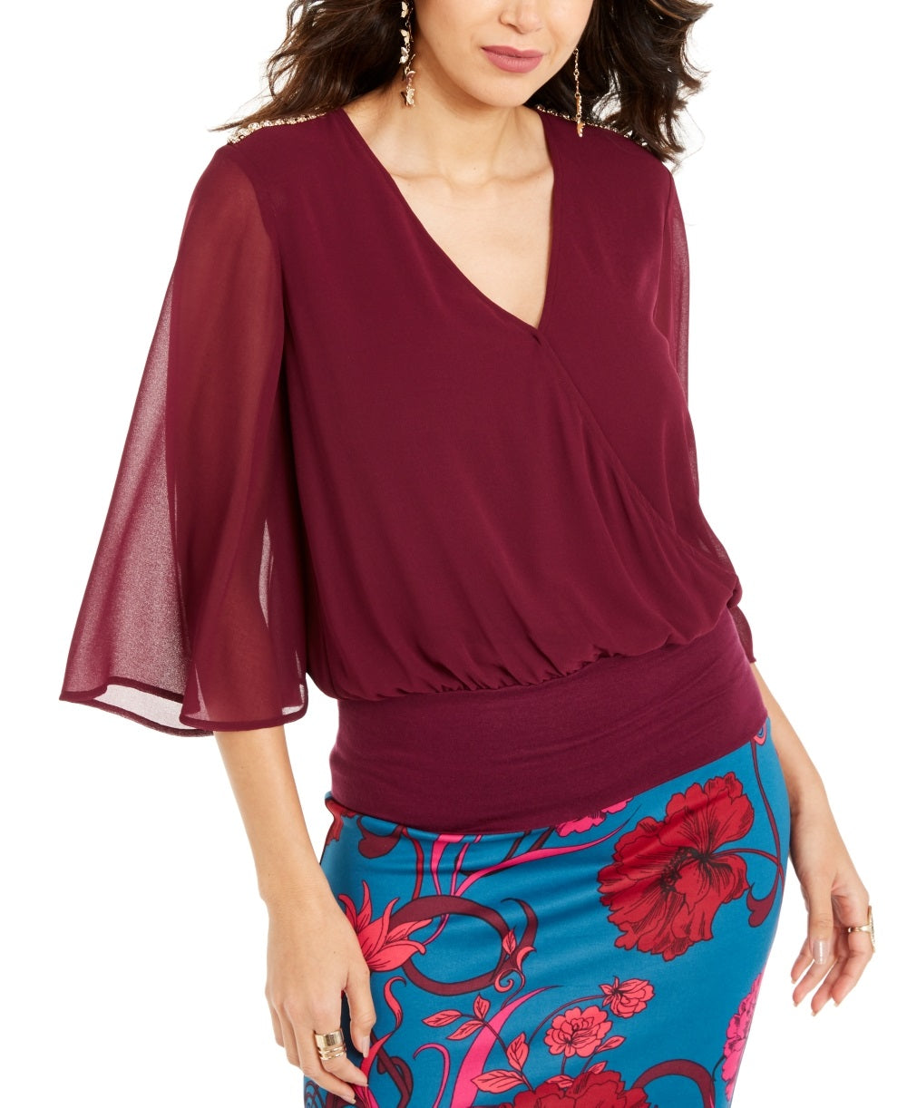 Thalia Sodi Top Feminino com Manga Transparente e Enfeites Roxo Tamanho G