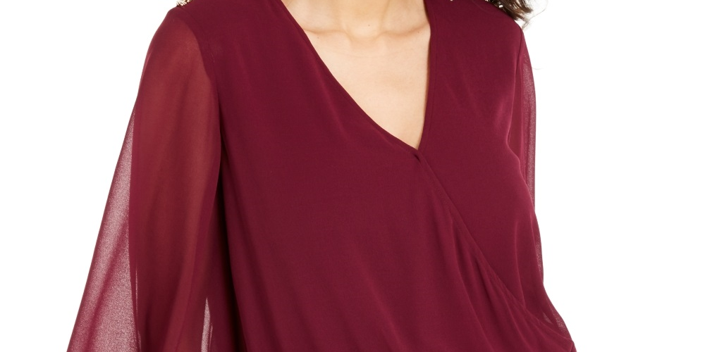 Thalia Sodi Top Feminino com Manga Transparente e Enfeites Roxo Tamanho G