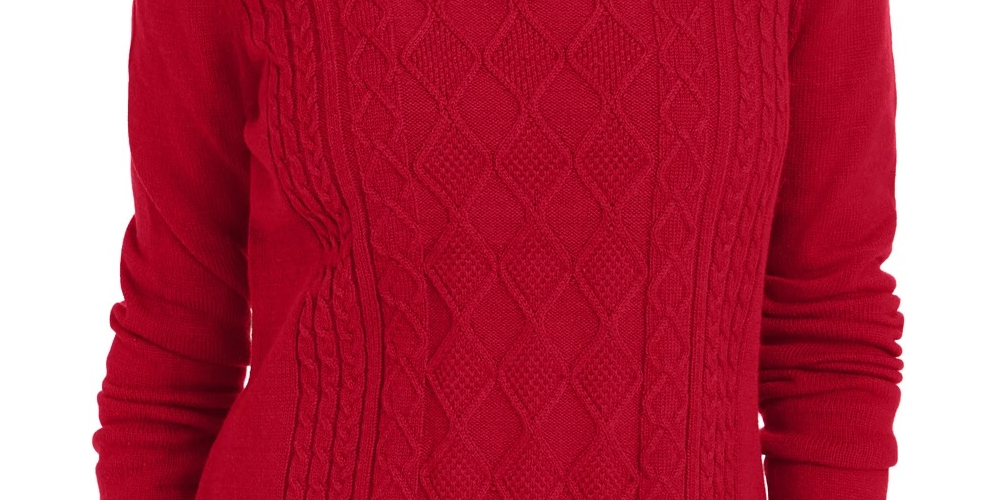 Camiseta feminina texturizada e estampada, manga comprida, gola redonda, tamanho P, Charter Club