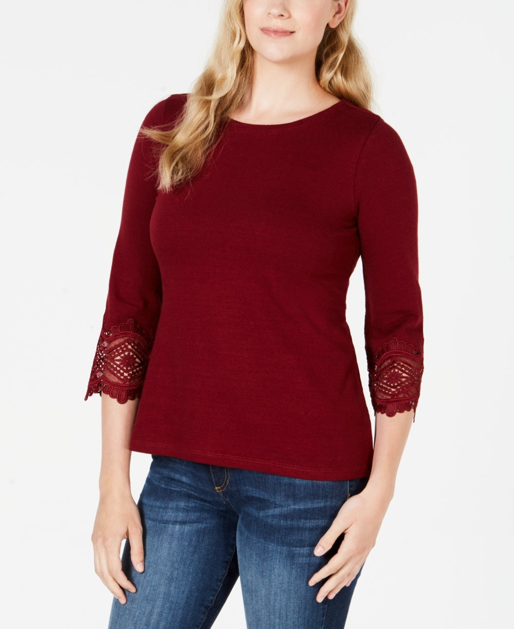 Top feminino Charter Club com acabamento em renda de algodão, vermelho, tamanho pequeno e pequeno