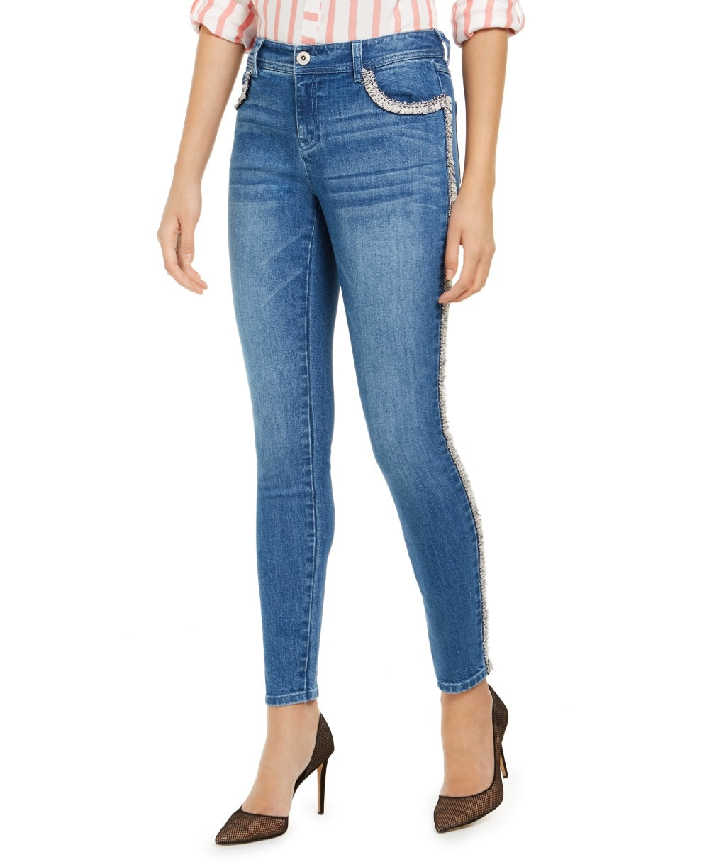 Calça jeans skinny feminina INC International Concepts com acabamento em tweed e cintura alta, azul, tamanho 18