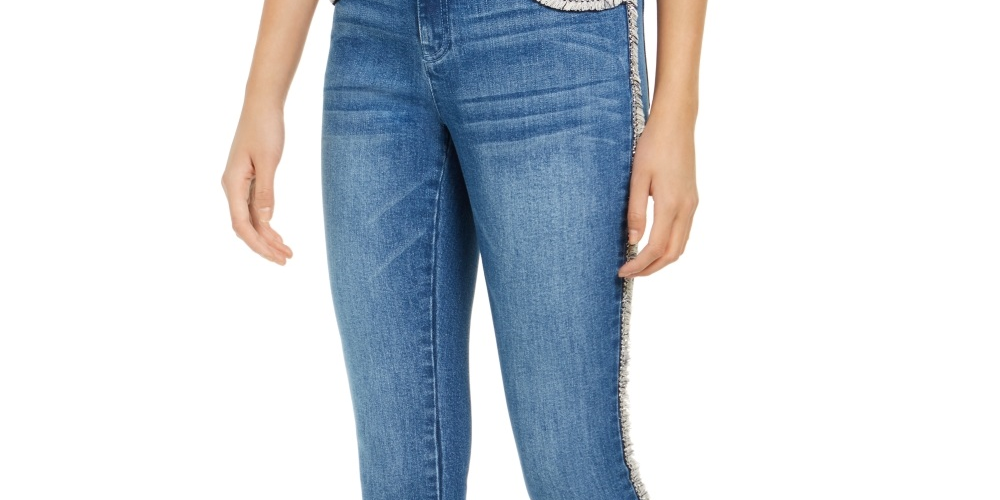 Calça jeans skinny feminina INC International Concepts com acabamento em tweed e cintura alta, azul, tamanho 18
