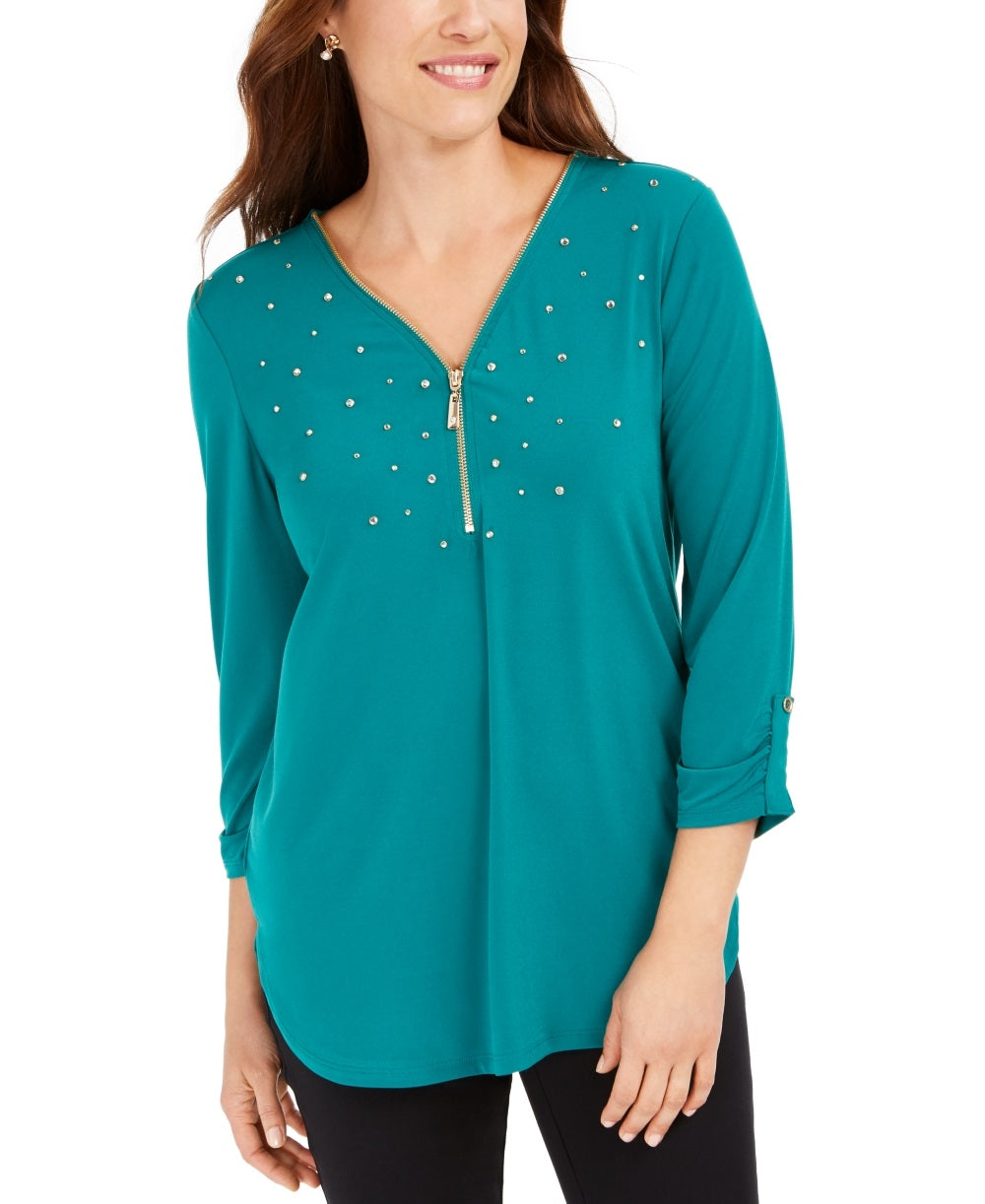 JM Collection Top Feminino com Zíper e Detalhe em Renda Verde Tamanho Pequeno