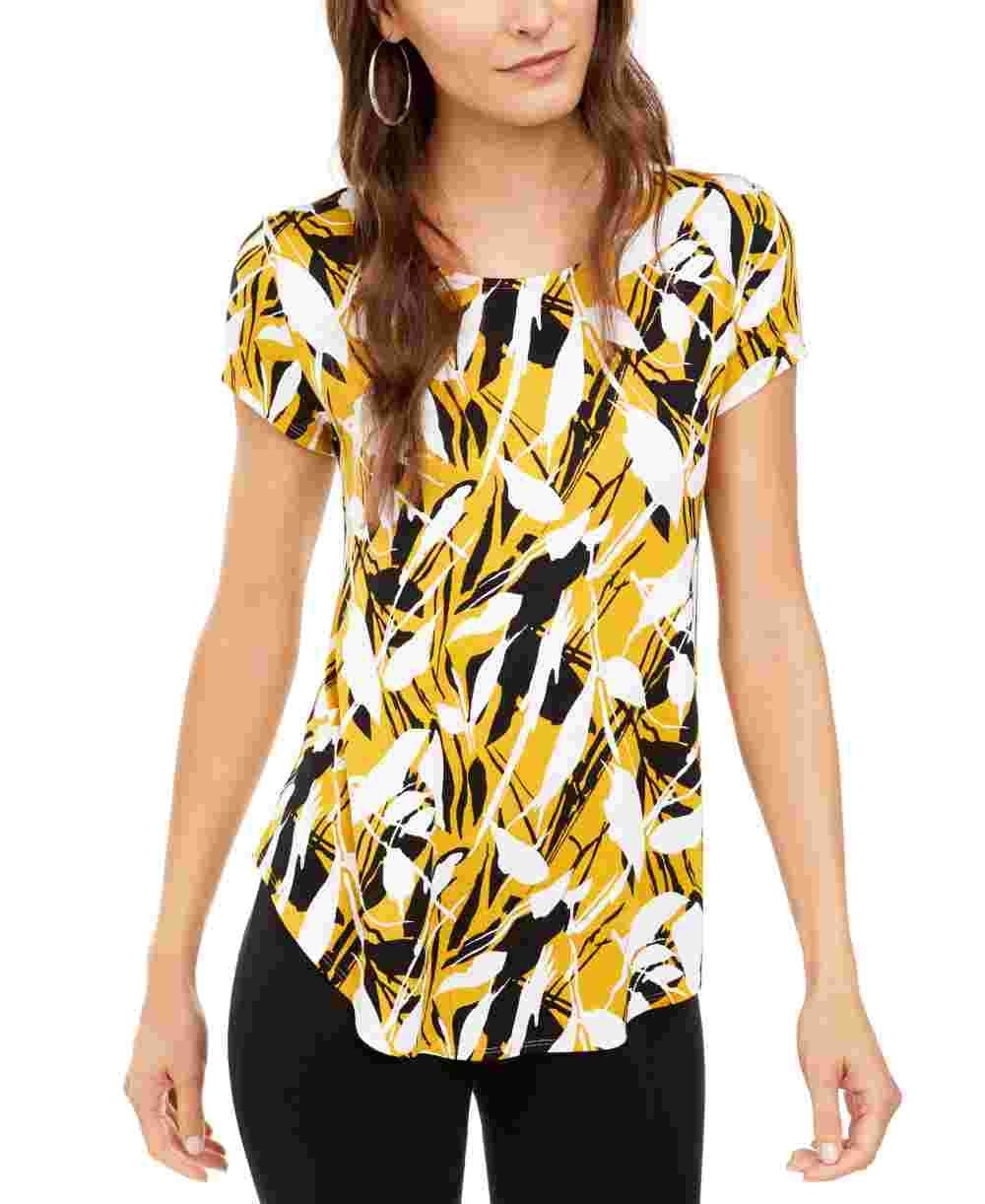 Camiseta feminina Alfani estampada com bainha redonda, amarela, tamanho PL