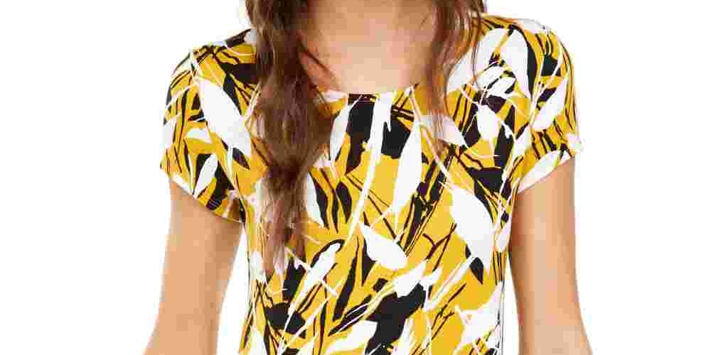 Camiseta feminina Alfani estampada com bainha redonda, amarela, tamanho PL