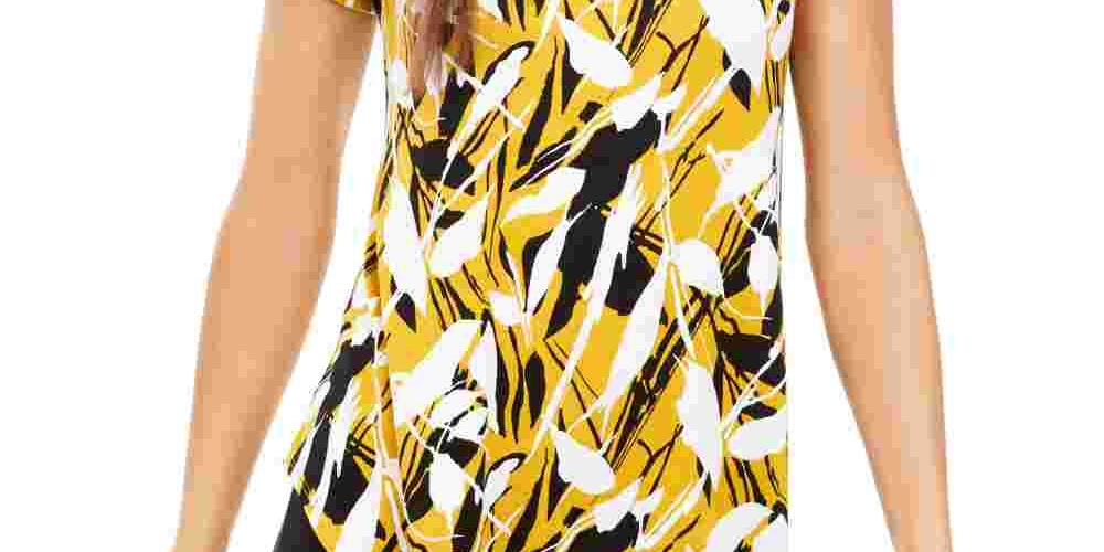 Camiseta feminina Alfani estampada com bainha redonda, amarela, tamanho PL
