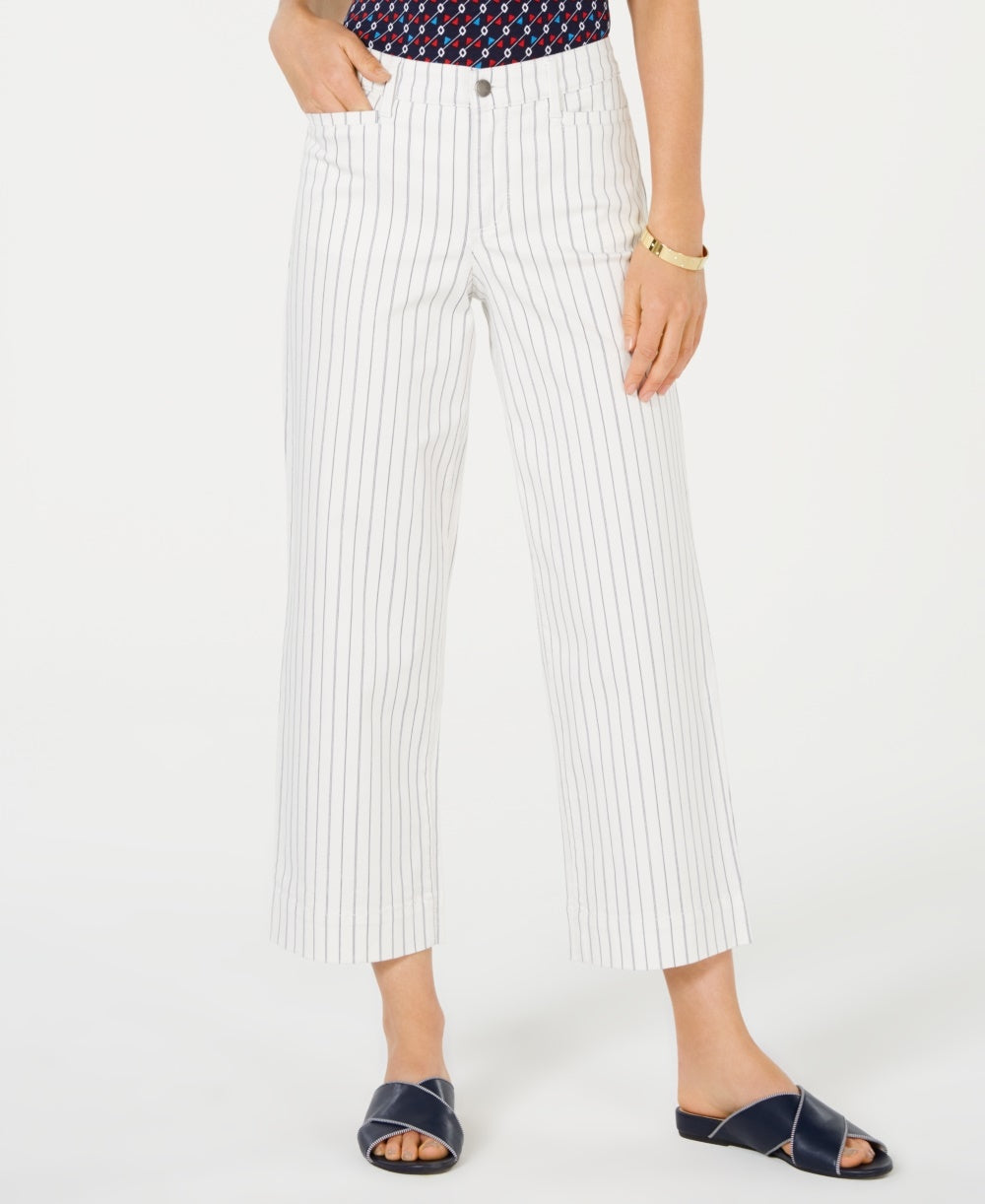 Calça jeans feminina listrada com controle de barriga, perna larga, branca, tamanho 10