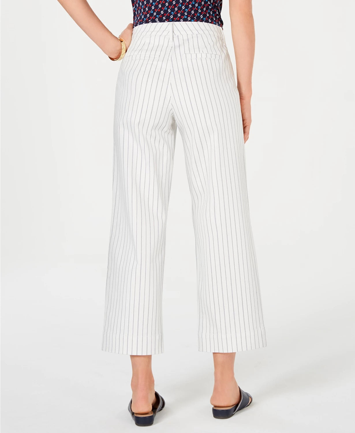 Calça jeans feminina listrada com controle de barriga, perna larga, branca, tamanho 10