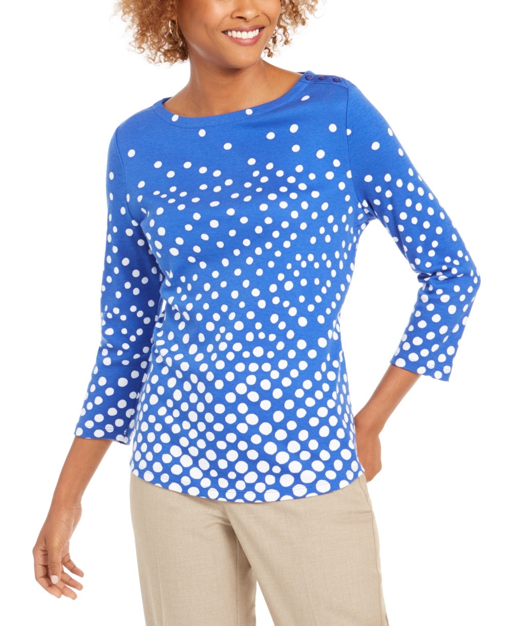 Camiseta feminina Charter Club de algodão Pima com estampa de botões e ombros, azul, tamanho PS