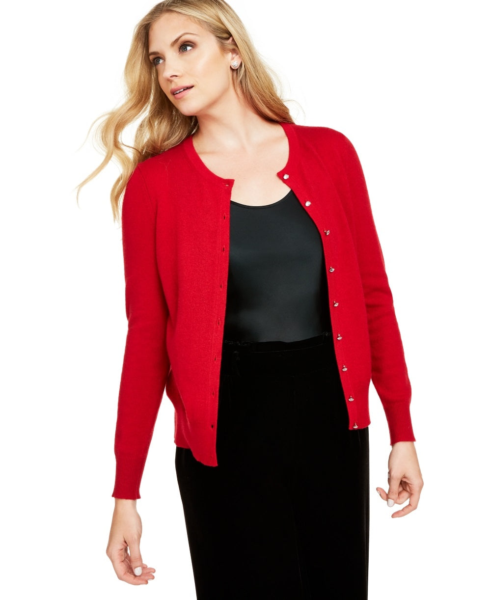 Cardigan feminino de caxemira com botões e cristais Charter Club, vermelho, tamanho pequeno, médio