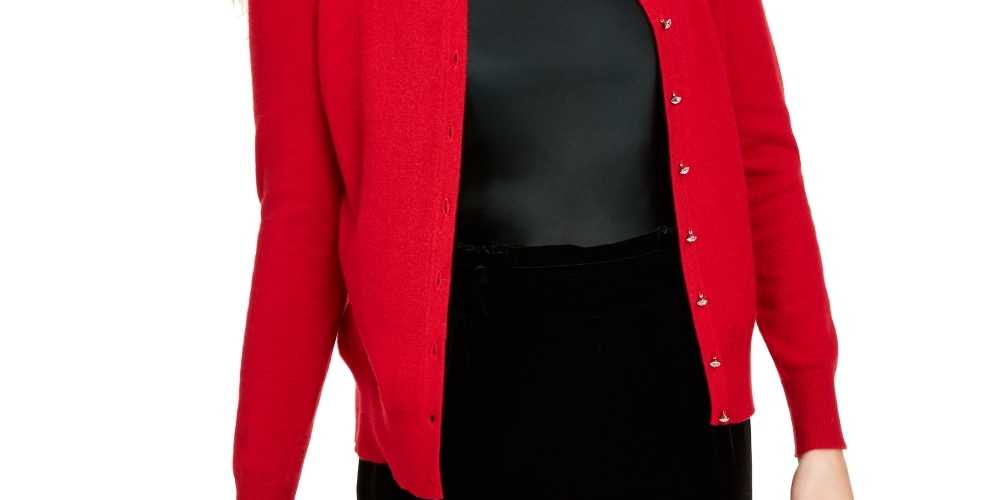 Cardigan feminino de caxemira com botões e cristais Charter Club, vermelho, tamanho pequeno, médio