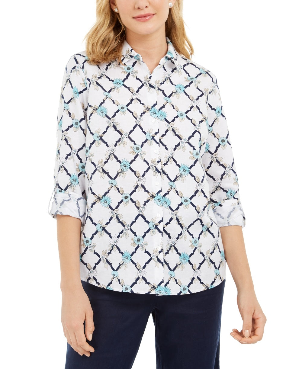 Camisa feminina Charter Club estampada em mistura de linho com botões na frente, branca, tamanho extrapequeno