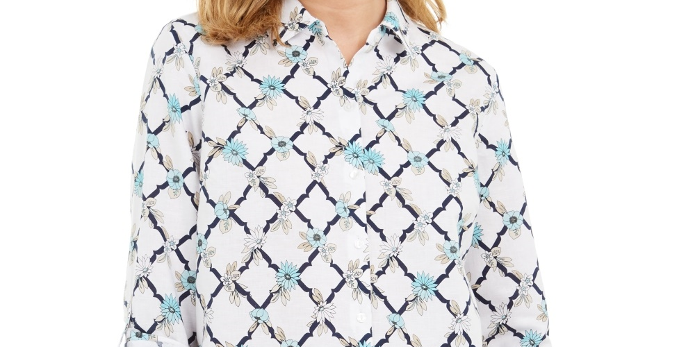 Camisa feminina Charter Club estampada em mistura de linho com botões na frente, branca, tamanho extrapequeno