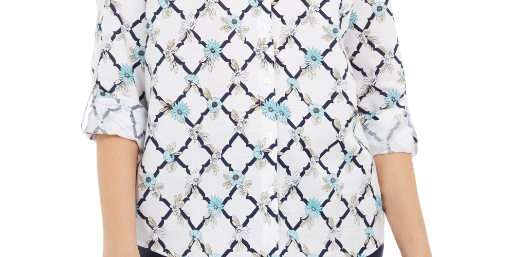 Camisa feminina Charter Club estampada em mistura de linho com botões na frente, branca, tamanho extrapequeno
