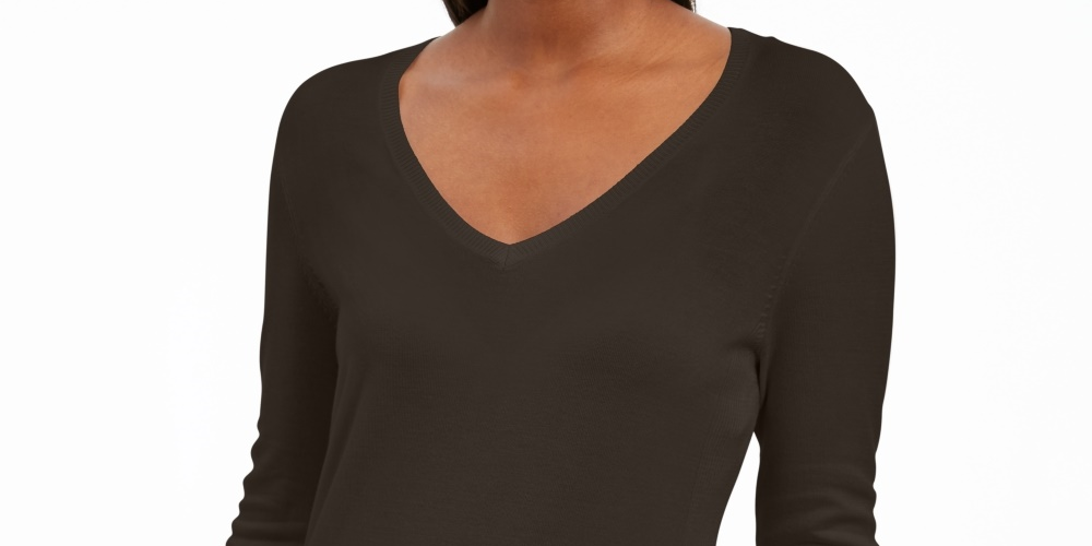 Suéter feminino JM Collection com mangas enfeitadas e decote em V, marrom, tamanho grande