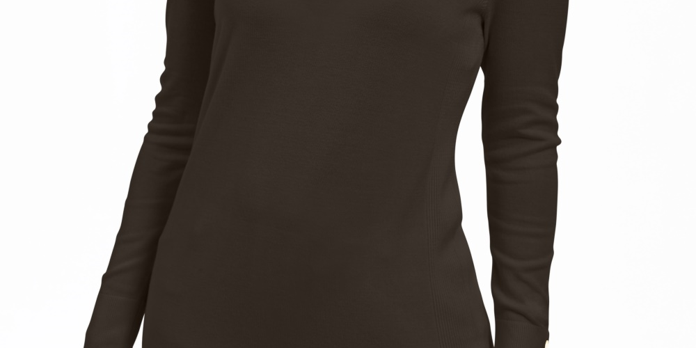 Suéter feminino JM Collection com mangas enfeitadas e decote em V, marrom, tamanho grande