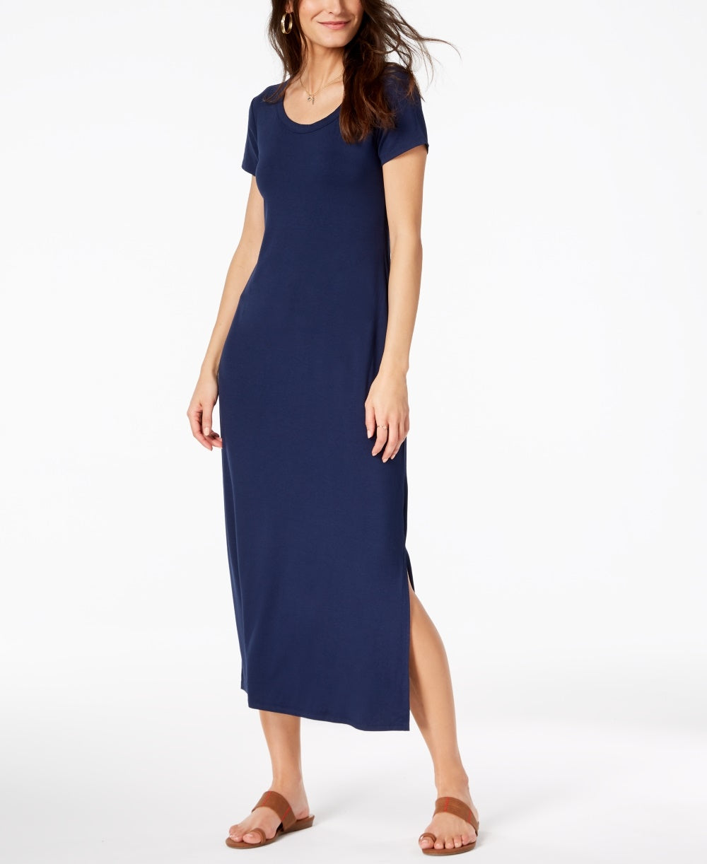 Vestido longo feminino estilo &amp; co, decote redondo, azul, tamanho pequeno pequeno