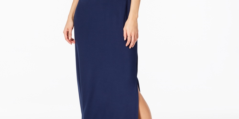 Vestido longo feminino estilo &amp; co, decote redondo, azul, tamanho pequeno pequeno