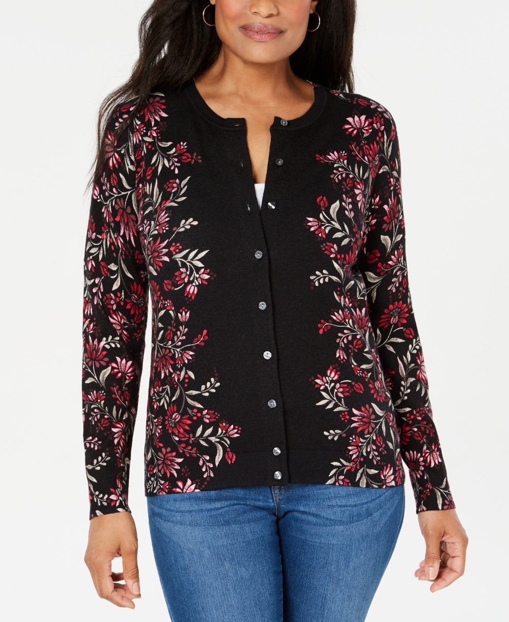 Karen Scott Cardigan Feminino com Estampa Floral e Botões, Médio, Vermelho, Tamanho Extra Pequeno