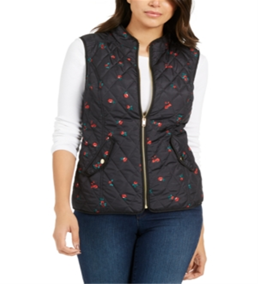 Colete feminino acolchoado com zíper e estampa floral Charter Club, preto, floral, tamanho pequeno G